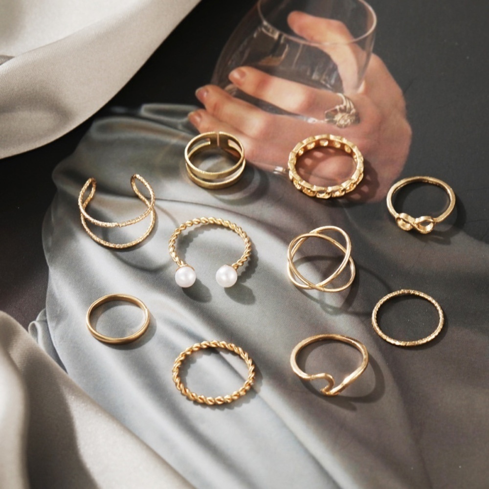 *CHARMAINE* 10-Pc Gold Irregular Geometric Twist Hollow Design Fashion Ring Set - Picture 2 of 3